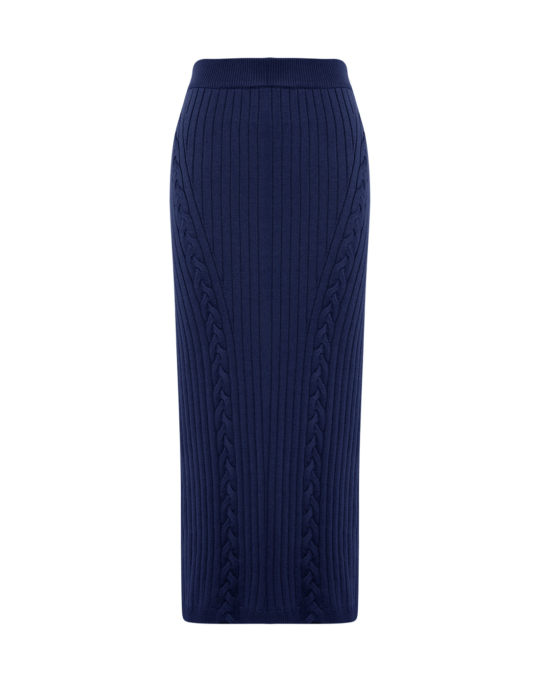 Close up of slim fit merino wool navy midi skirt