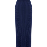 Close up of slim fit merino wool navy midi skirt
