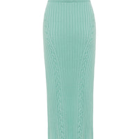 Back view of sage green wool skirt showing the cable details.