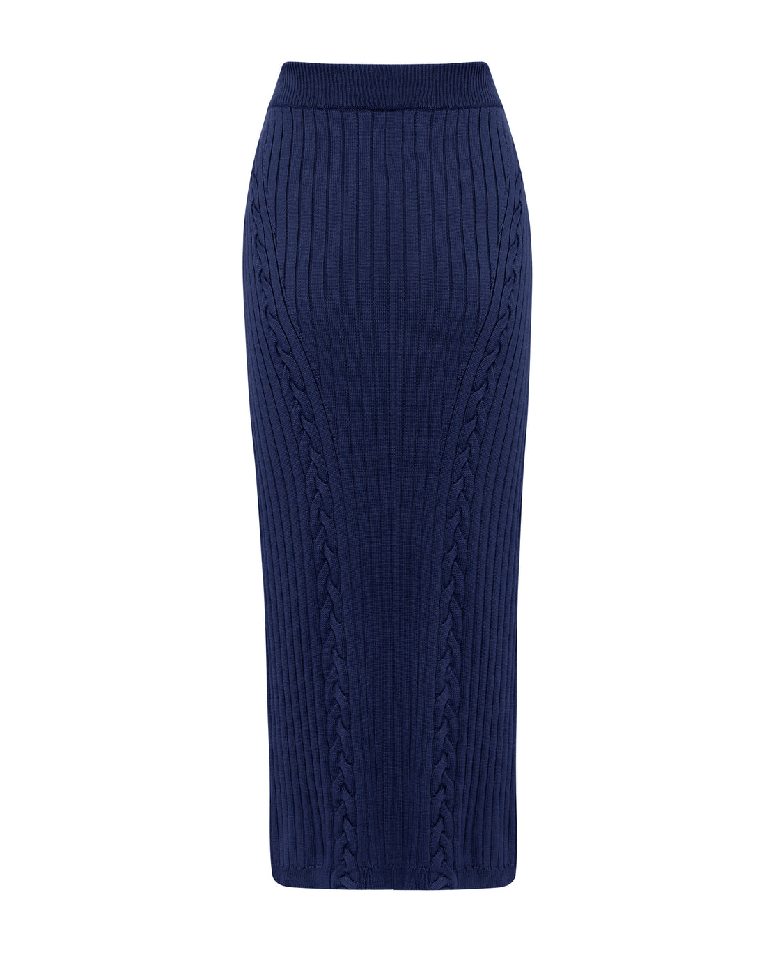 Close up of the plait like cable detail on navy wool skirt.