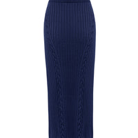 Close up of the plait like cable detail on navy wool skirt.