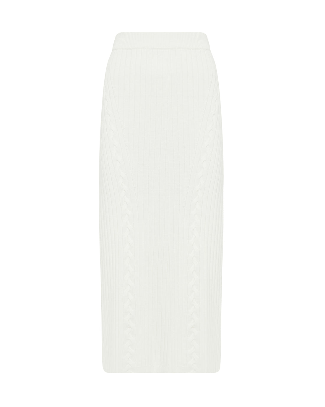 Close up of ivory merino wool midi skirt with plait like cable details.