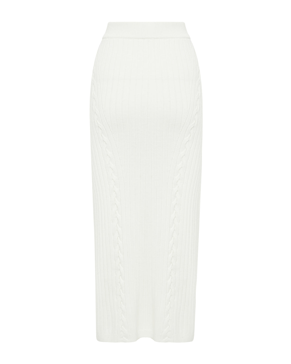 Back view of white merino wool midi skirt.