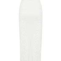 Back view of white merino wool midi skirt.