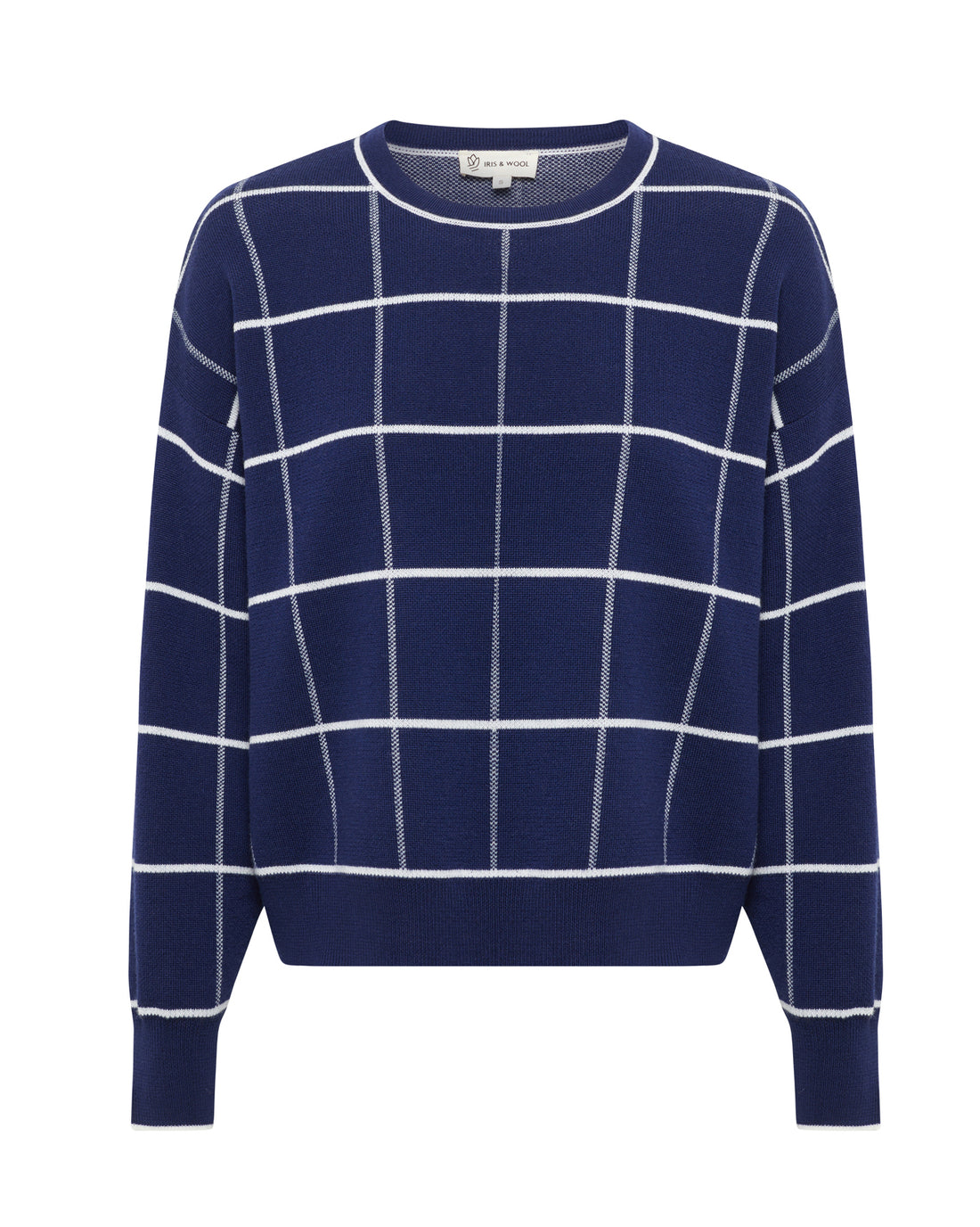 Close up of the Navy Gingham Merino Wool jumper