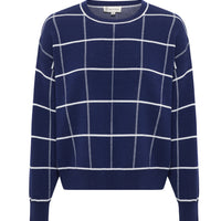 Close up of the Navy Gingham Merino Wool jumper