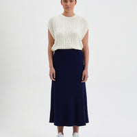 Navy Rachel Midi Skirt in merino wool with A-line and flared hem.