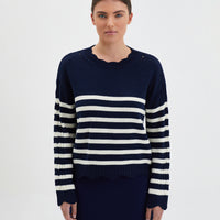 Striped Navy Scallop Wool Sweater with scalloped edging on neckline and cuffs.