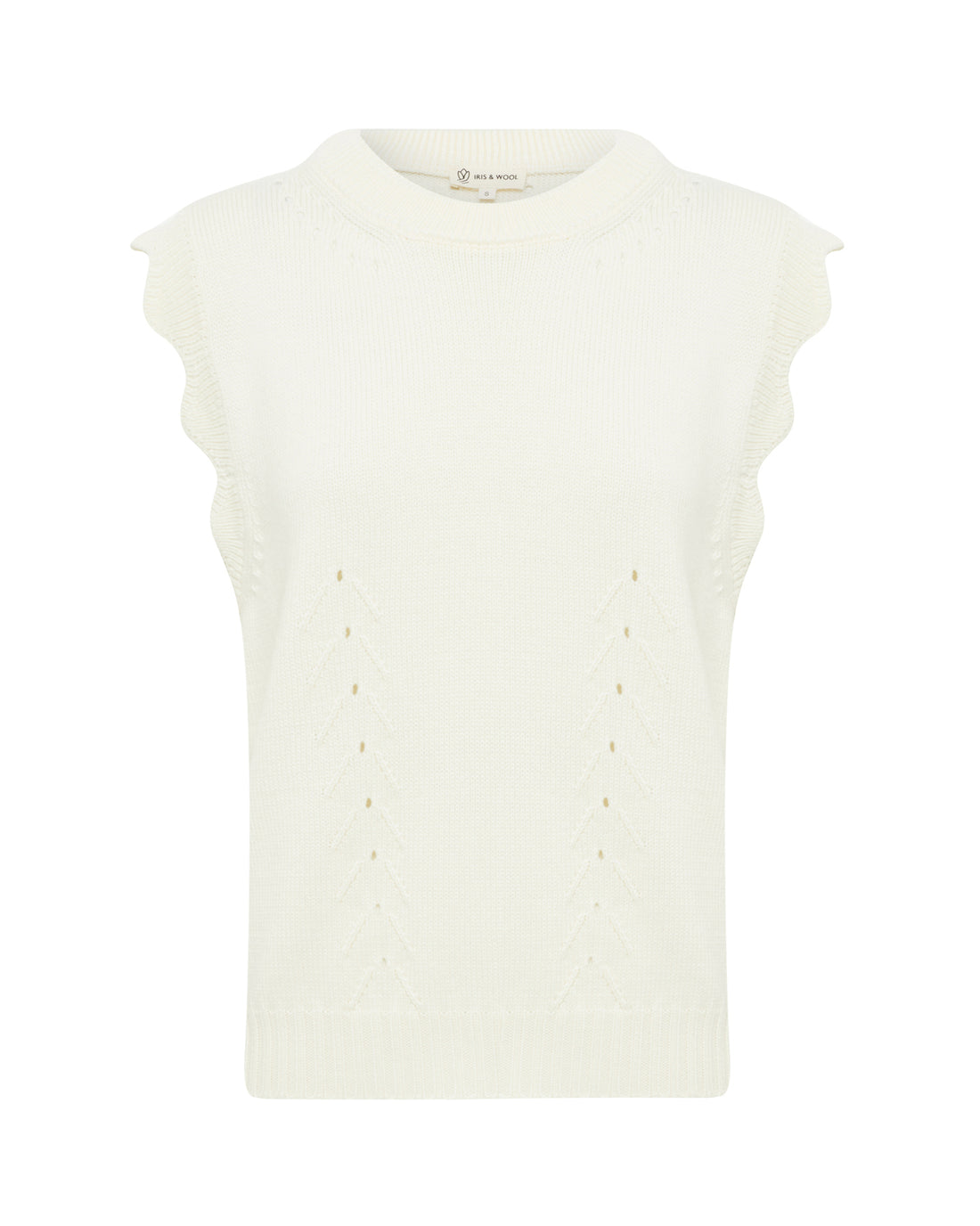 Close up of front view of the pointelle and scallop details of cream Scallop vest.