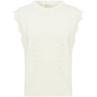 Close up of front view of the pointelle and scallop details of cream Scallop vest.