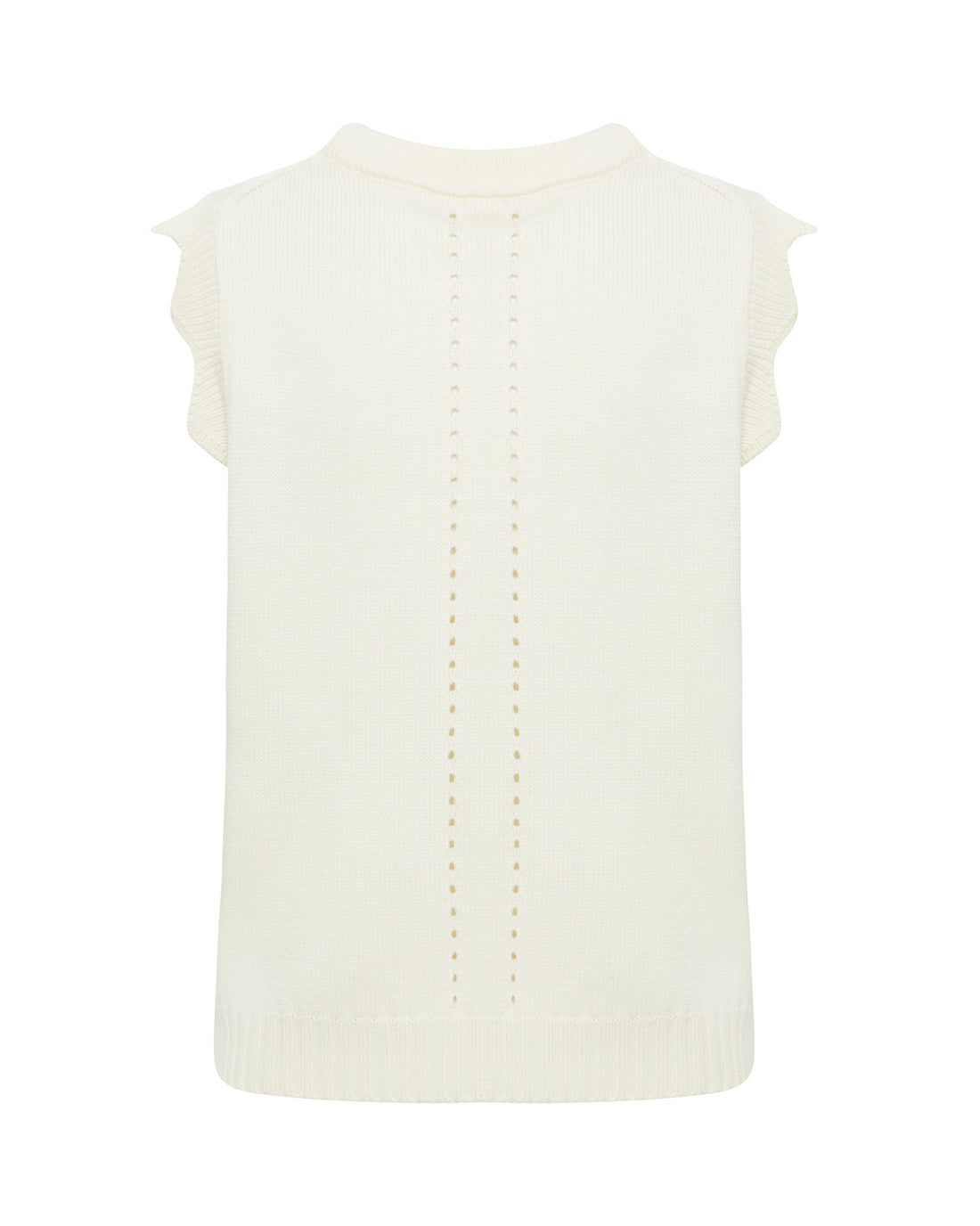 Close up of back view of the pointelle and scallop details of cream Scallop vest.