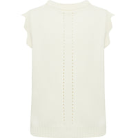 Close up of back view of the pointelle and scallop details of cream Scallop vest.