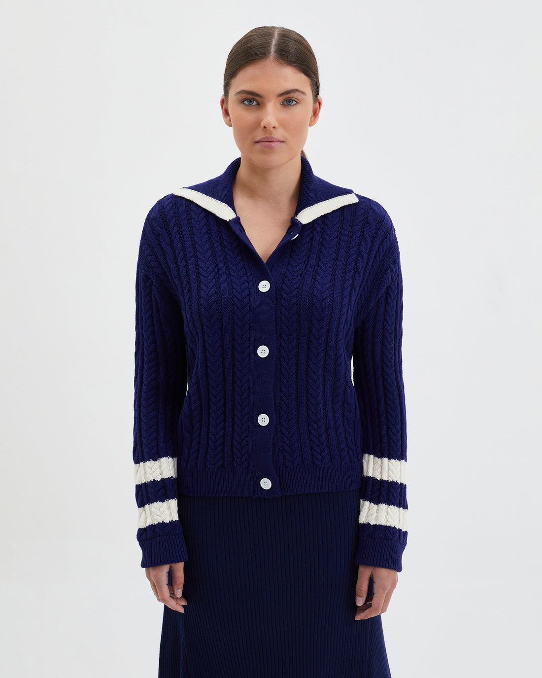 Navy Petrisse Merino wool cardigan for layering
