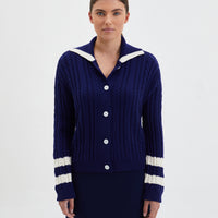 Navy Petrisse Merino wool cardigan for layering