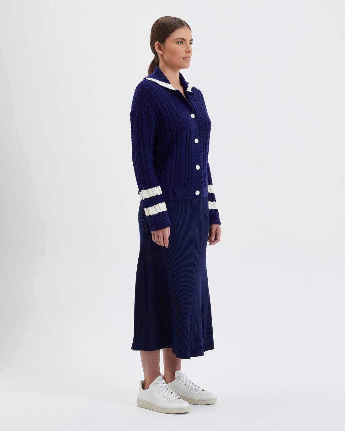 Side view of Navy Petrisse merino wool cardigan