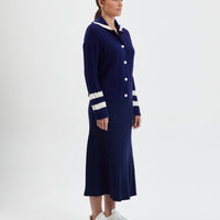 Side view of Navy Petrisse merino wool cardigan