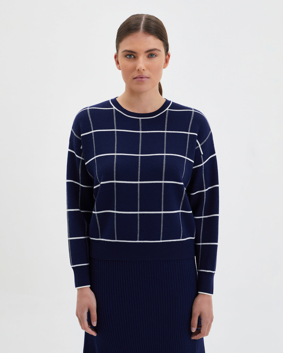 Navy gingham Merino wool jumper with windowpane checks