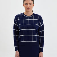 Navy gingham Merino wool jumper with windowpane checks