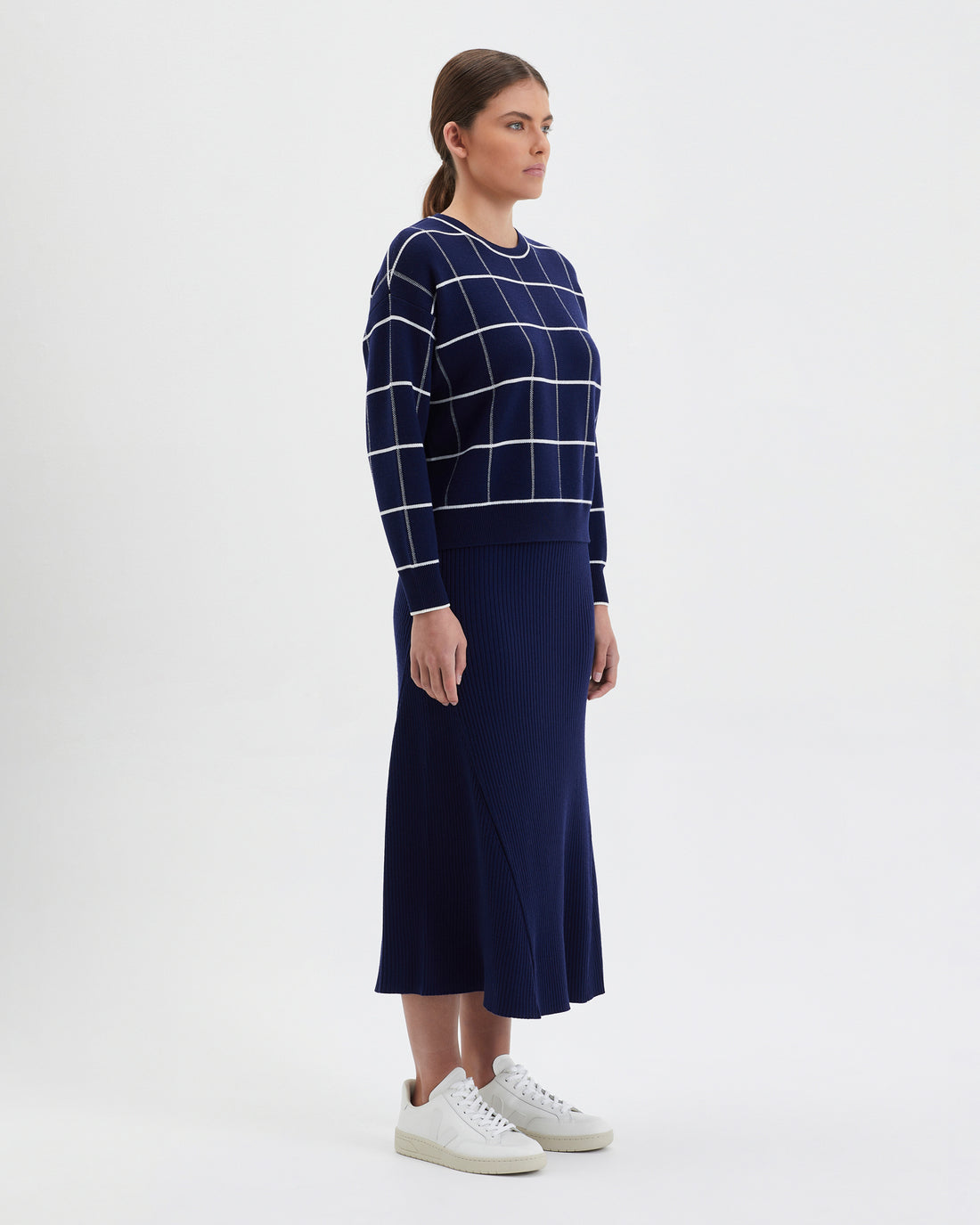 Bold navy wool jumper in gingham pattern