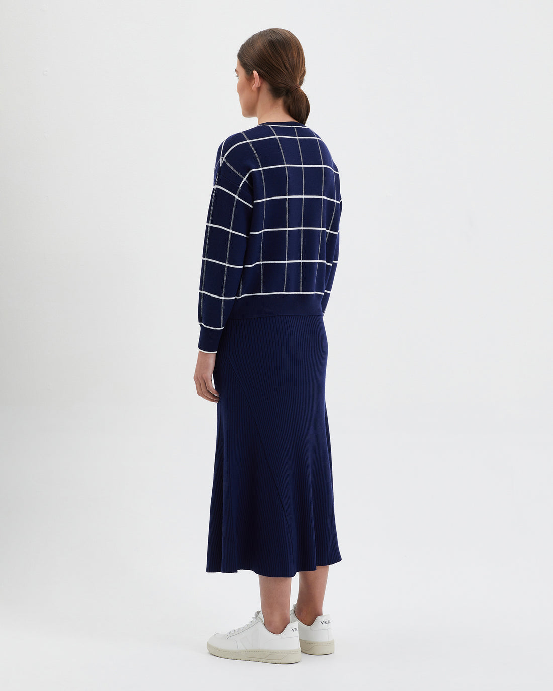 Comfortable navy Merino wool gingham jumper for layering