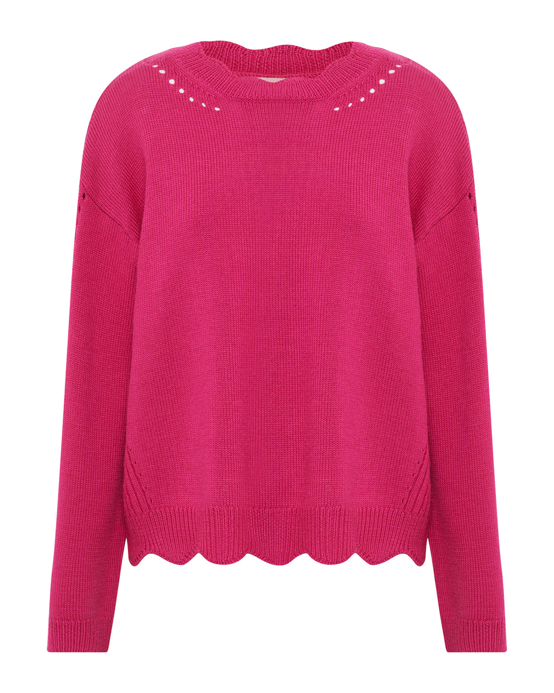 Close up of peony scallop sweater pointelle and scallop details.