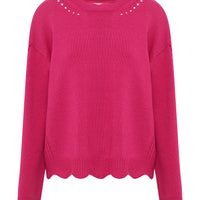 Close up of peony scallop sweater pointelle and scallop details.