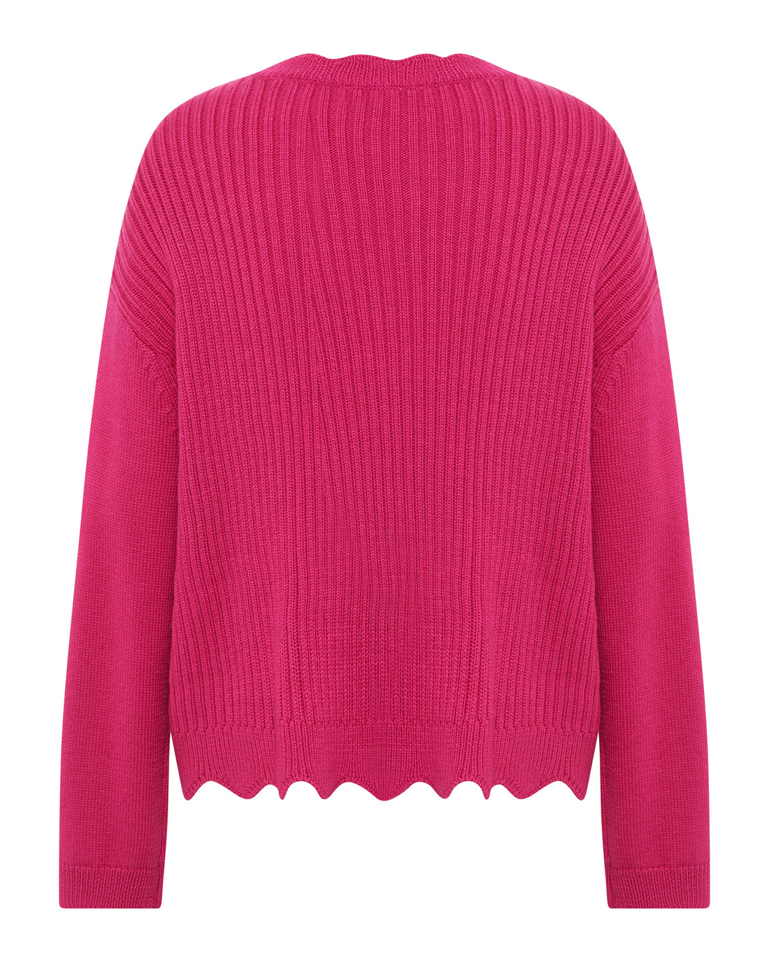 Close up of back view of the peony scallop sweater pointelle and scallop details.