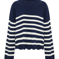 The front view of a classic navy and white ribbed sweater with scalloped hem detailing.
