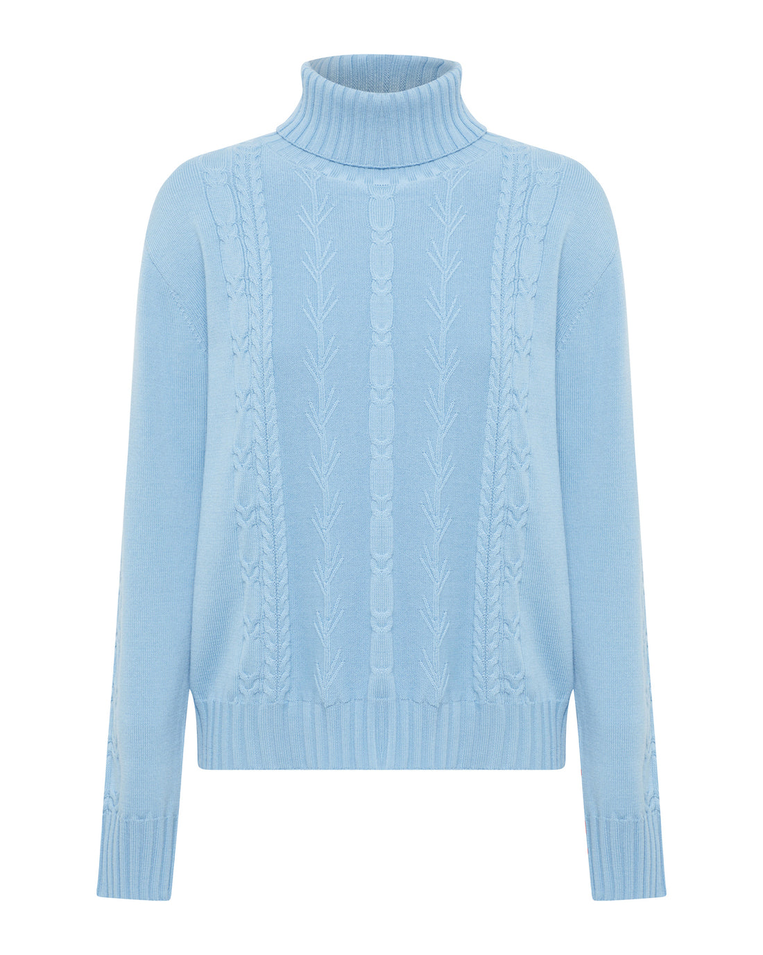 Close up of the Merino wool cable knit sweater in seafoam