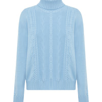 Close up of the Merino wool cable knit sweater in seafoam