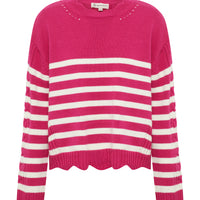 The front of a vibrant pink ribbed sweater with scalloped hem detailing.