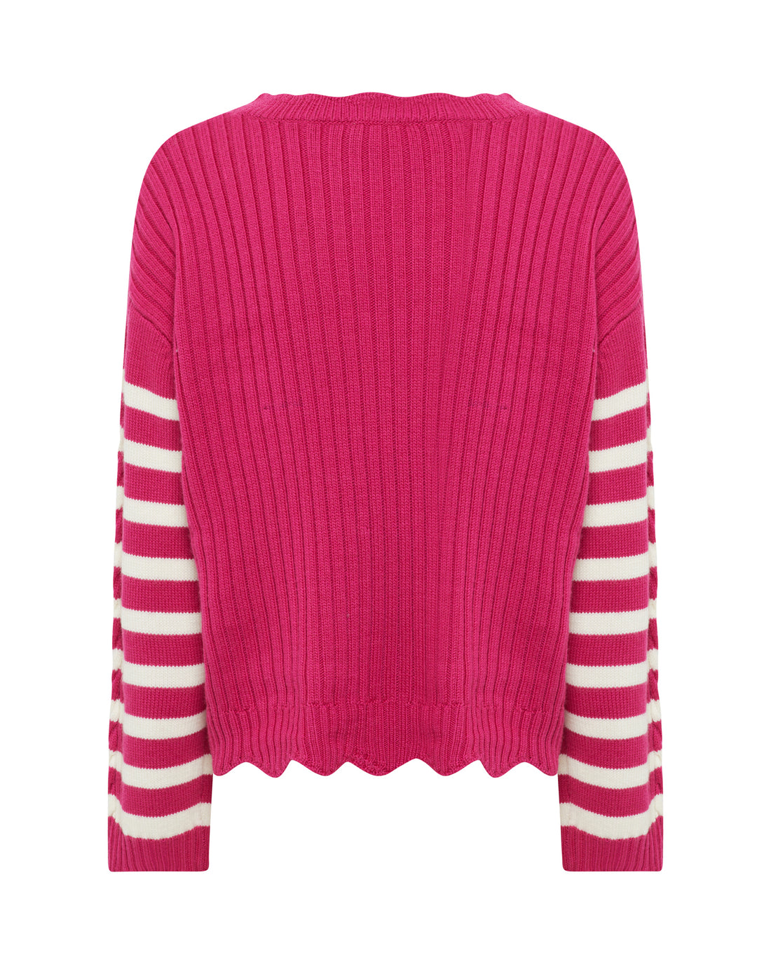 The back of a vibrant pink ribbed sweater with scalloped hem detailing.