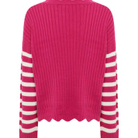 The back of a vibrant pink ribbed sweater with scalloped hem detailing.