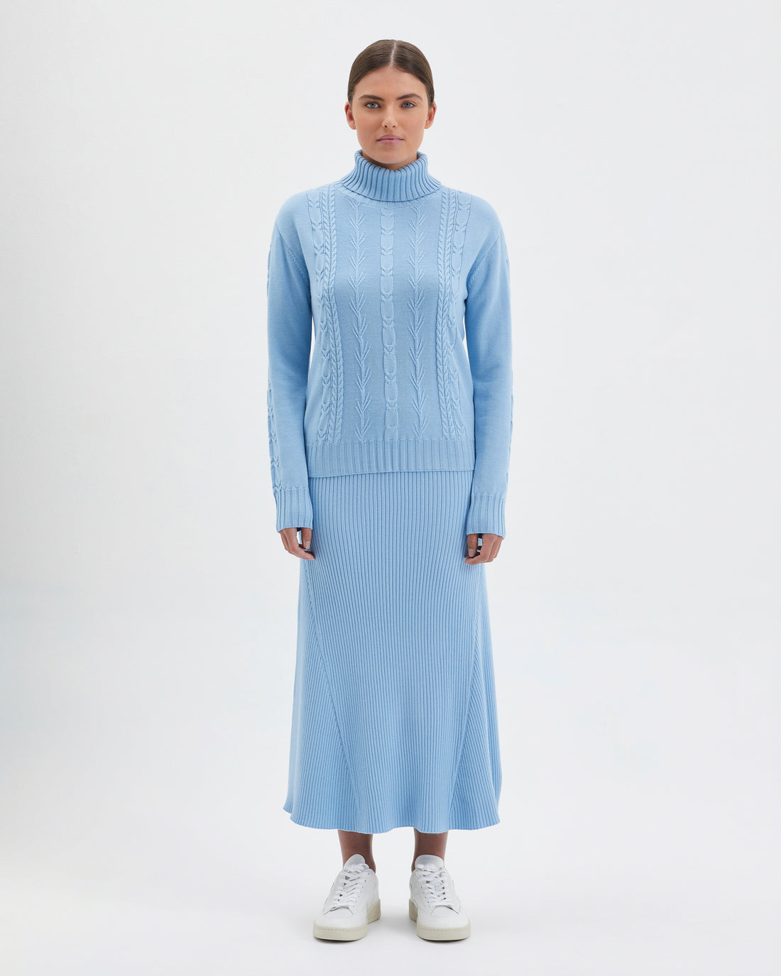Merino wool cable knit jumper with roll neck in a seafoam colour