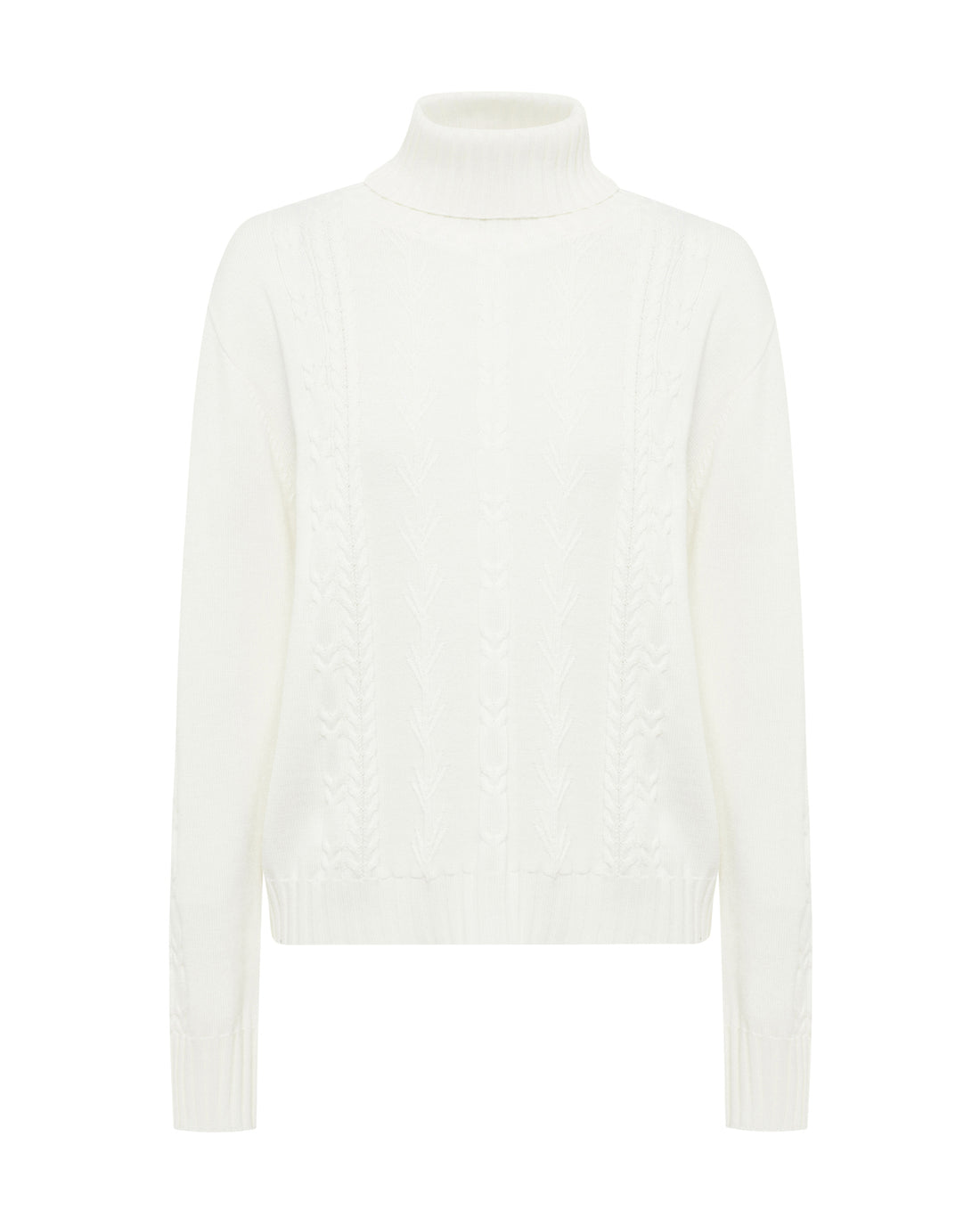 Close up of  the Ivory Quirindi cable knit in Merino wool