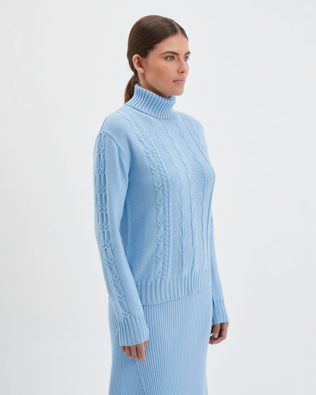side view of the Quirindi cable knit in cozy merino wool