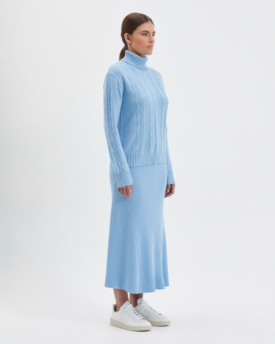 Merino wool cable knit sweater in seafoam for layering