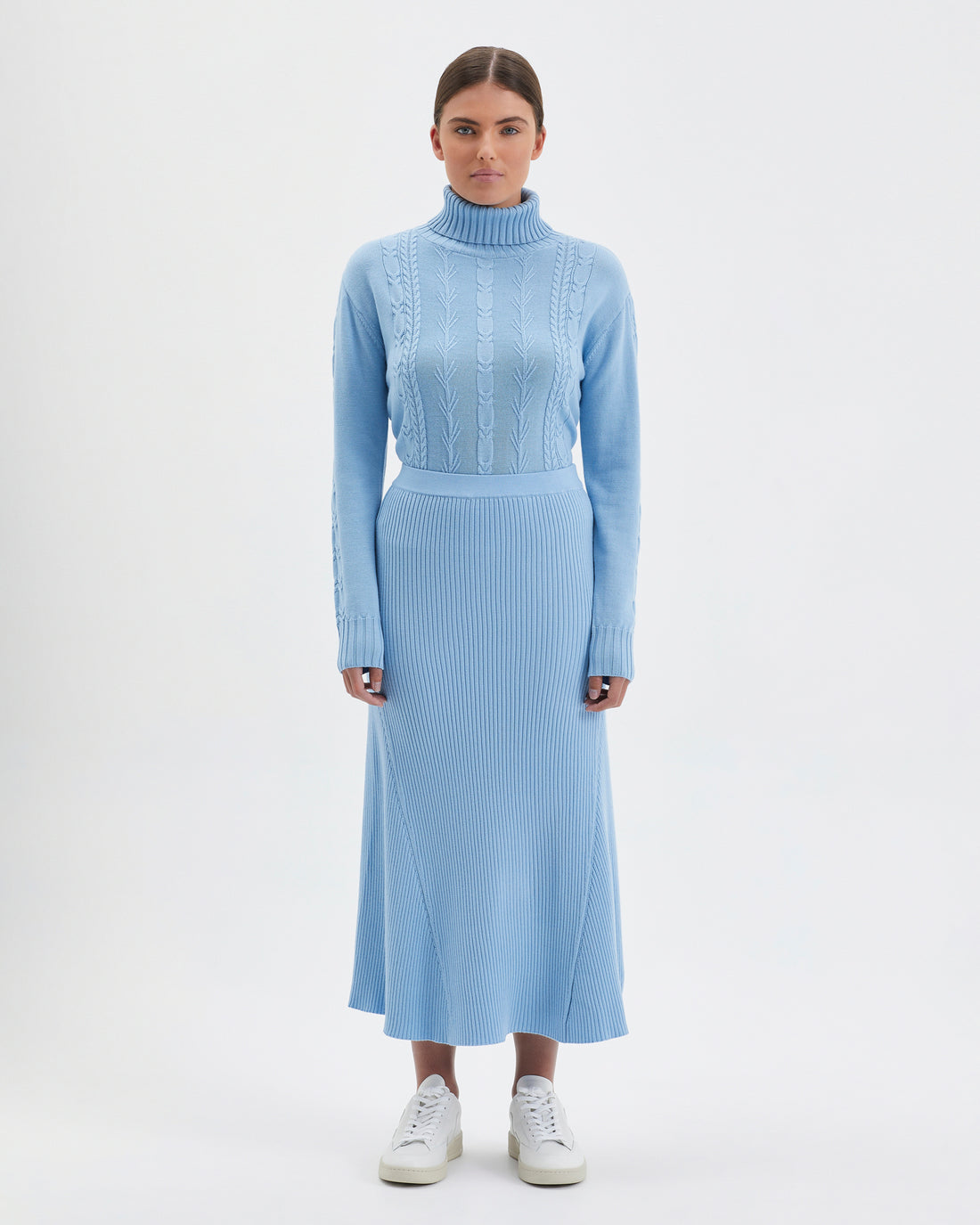 Seafoam Rachel Midi Skirt in merino wool with bias-cut A-line design.