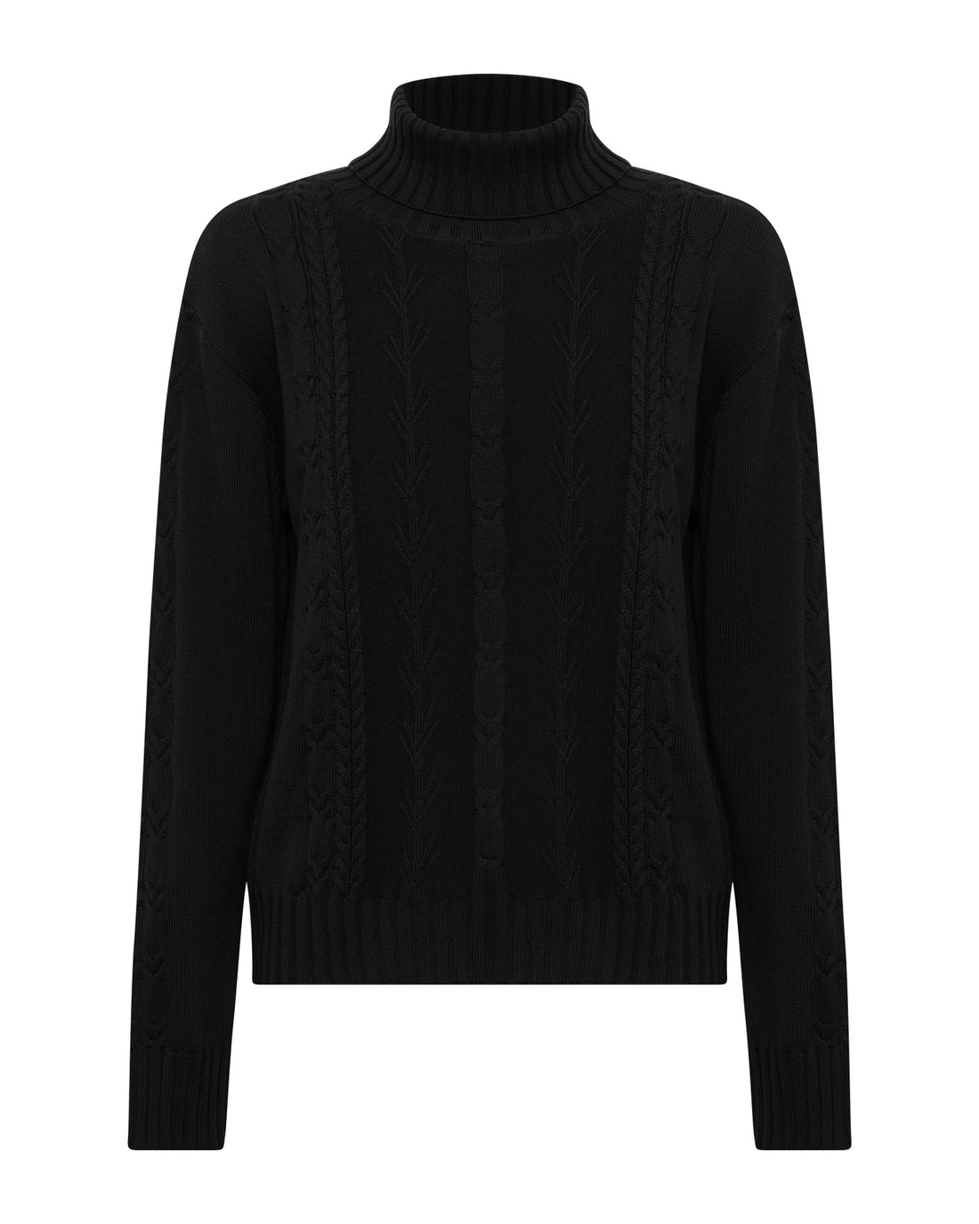 Black Merino wool cable knit jumper with roll neck