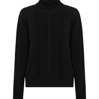 Black Merino wool cable knit jumper with roll neck