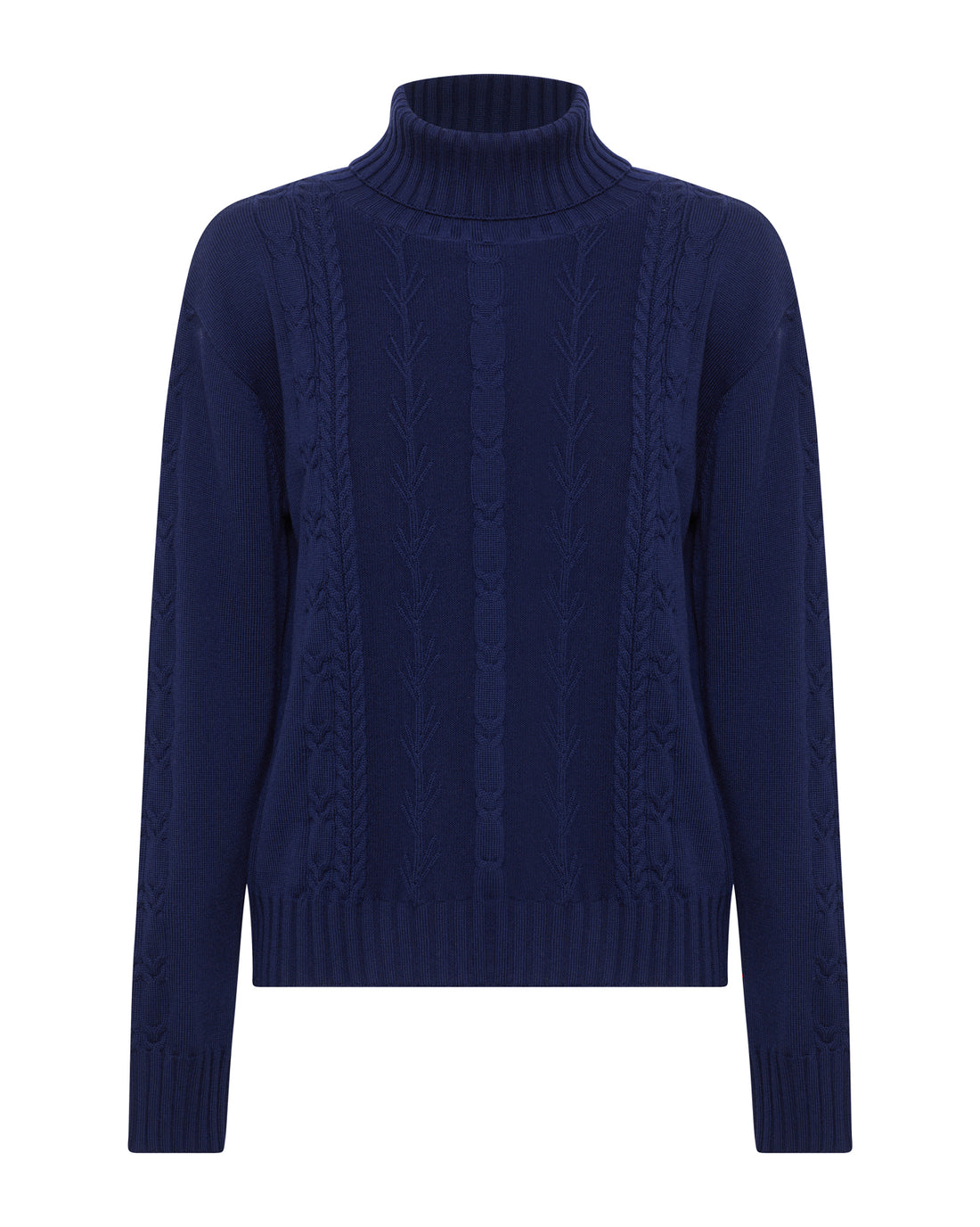 Close up of merino wool turtle neck navy jumper