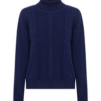 Close up of merino wool turtle neck navy jumper