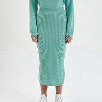 Sage Grace Midi Skirt in cozy merino wool for winter warmth.