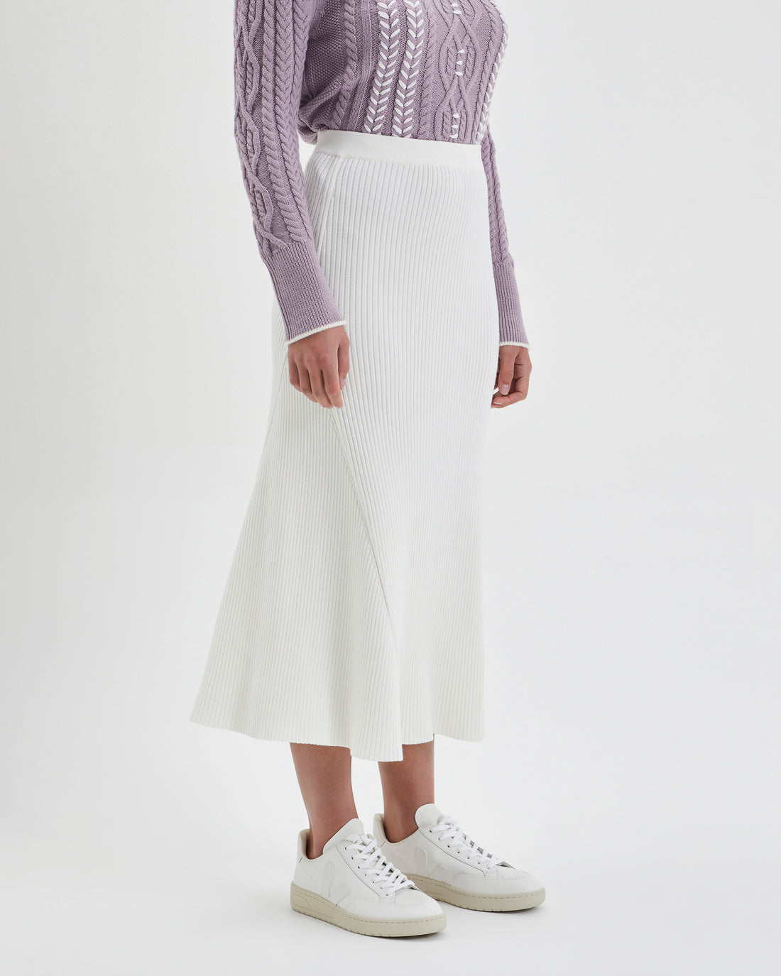 White A-line merino wool midi skirt