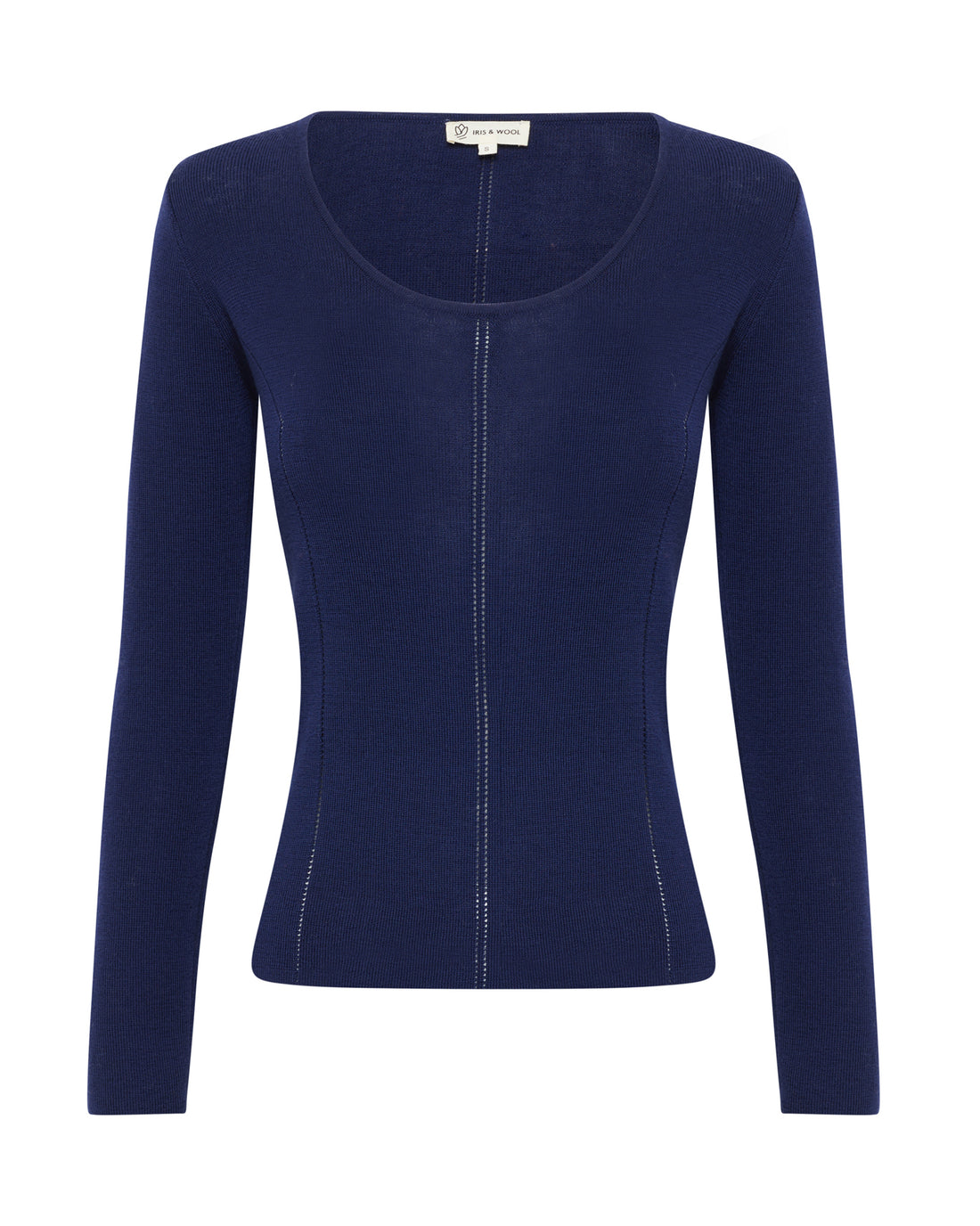 Close-up of navy skivvy top in luxurious Merino wool