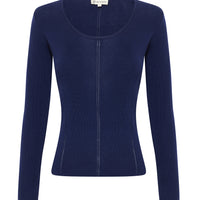 Close-up of navy skivvy top in luxurious Merino wool