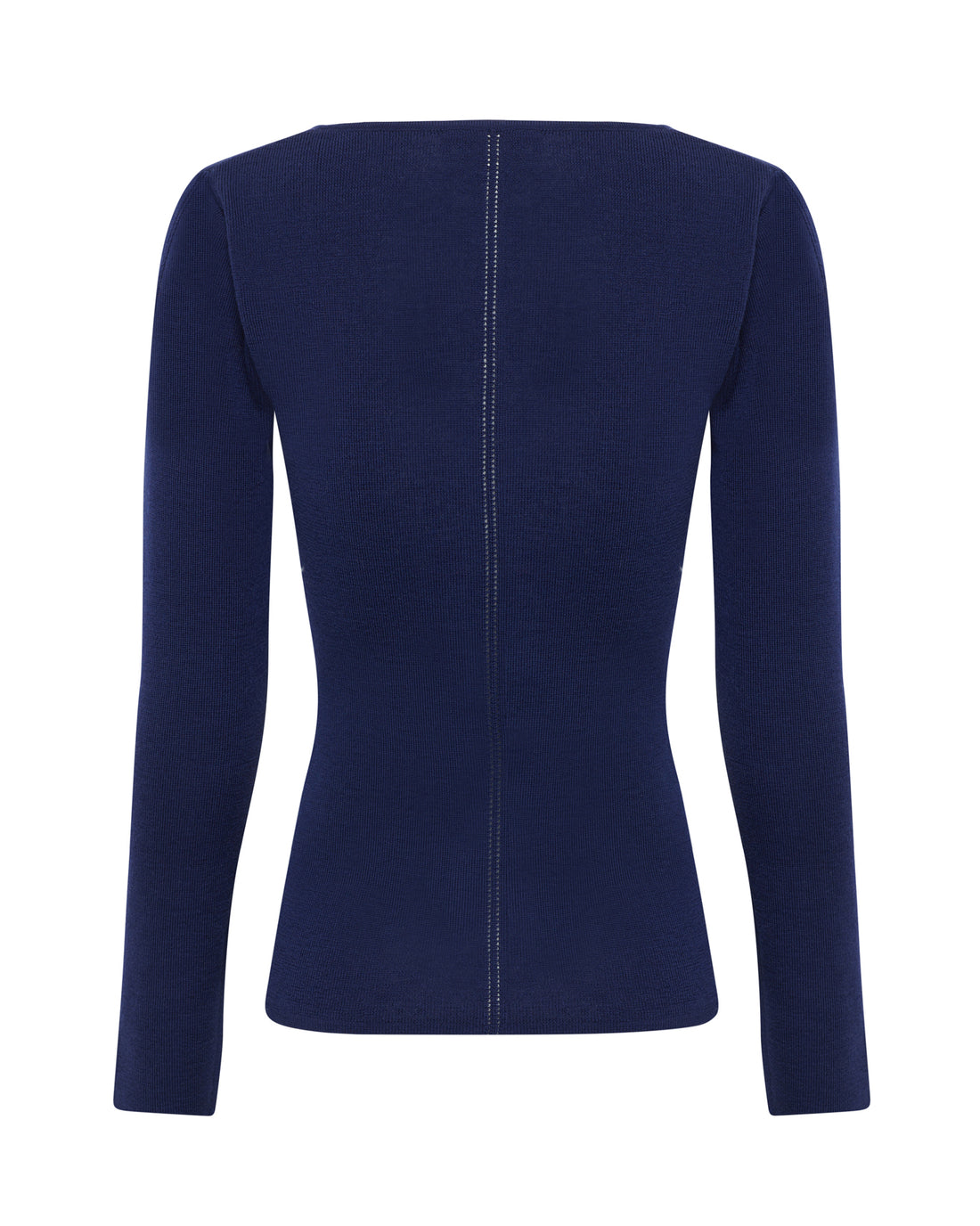 Back of navy skivvy top in soft Merino wool