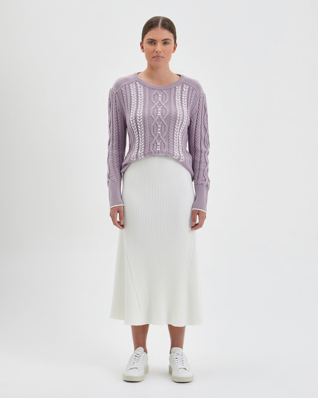 Ivory Rachel Midi Skirt with A-line silhouette in soft merino wool.
