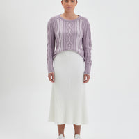 Ivory Rachel Midi Skirt with A-line silhouette in soft merino wool.