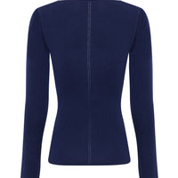 Back of navy skivvy top in soft Merino wool